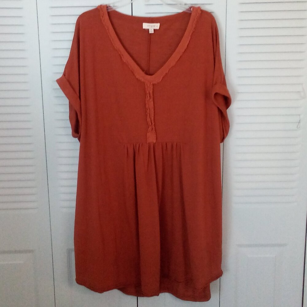UMGEE+ U.S.A. XL V-NECK OVERSIZED MINI DRESS COTTON BLEND RUST TIERED BOHO FAIRY